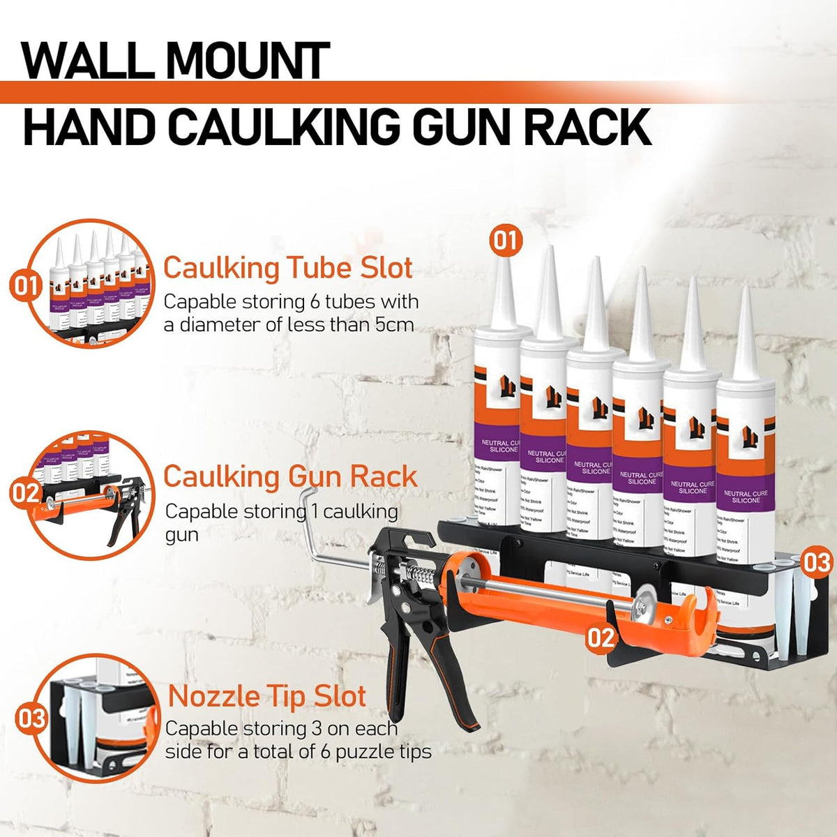 Siligun Caulking Gun Rack, Grease Gun Holder, Wall Mount Silicone Caulking Tools, Work Van Organizers And Storage Tube For Workshop Holds 6 Caulking Tubes And Caulking Nozzle (Black)