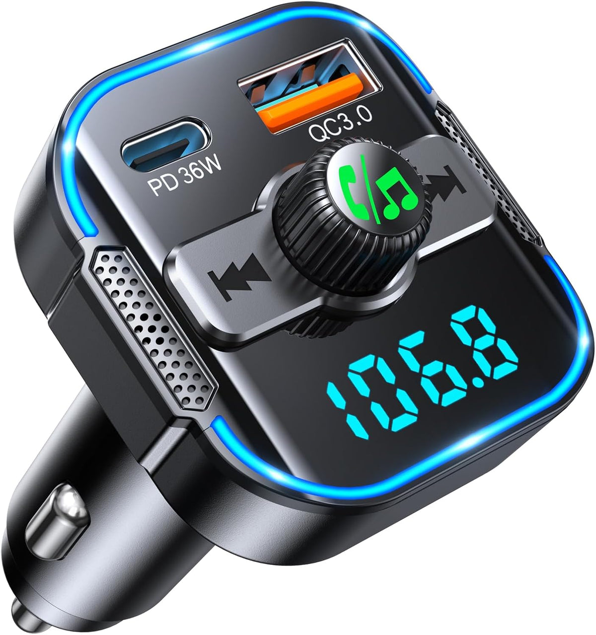 Bluetooth 5.3 Car Adapter【PD 36W+QC3.0 18W】, 2-in-1 FM Bluetooth Transmitter 【Dual Stronger Mics】& Fast Car Charger, Wireless FM Radio Adapter Hands-Free Calling, Siri Assistant, Black