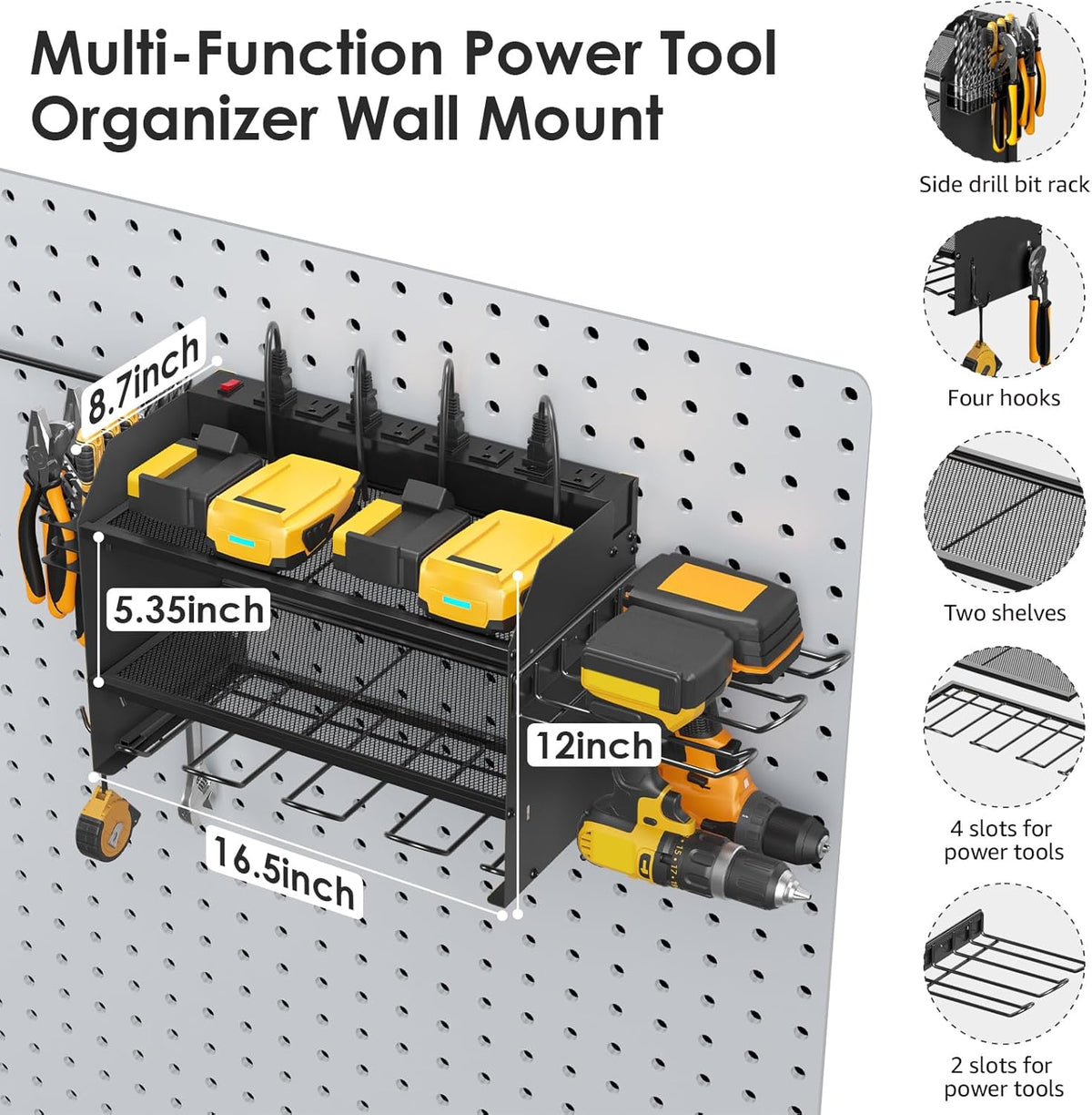 CCCEI Modular Power Tool Organizer Wall Mount Charging Station, Black 6 Drills Holder with 8 Plug Power Strip 10FT, Garage Drill Battery Heavy Duty Metal Shelf, Utility Rack with Hooks, Side Storage.