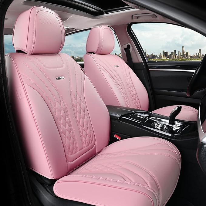Coverado Car Seat Covers Full Set, 5 Seats Front Seat Cover and Back Seat Covers for Cars, Automotive Seat Covers Nappa Leather Waterproof Seat Covers, Car Seat Protectors Universal for Cars Pink