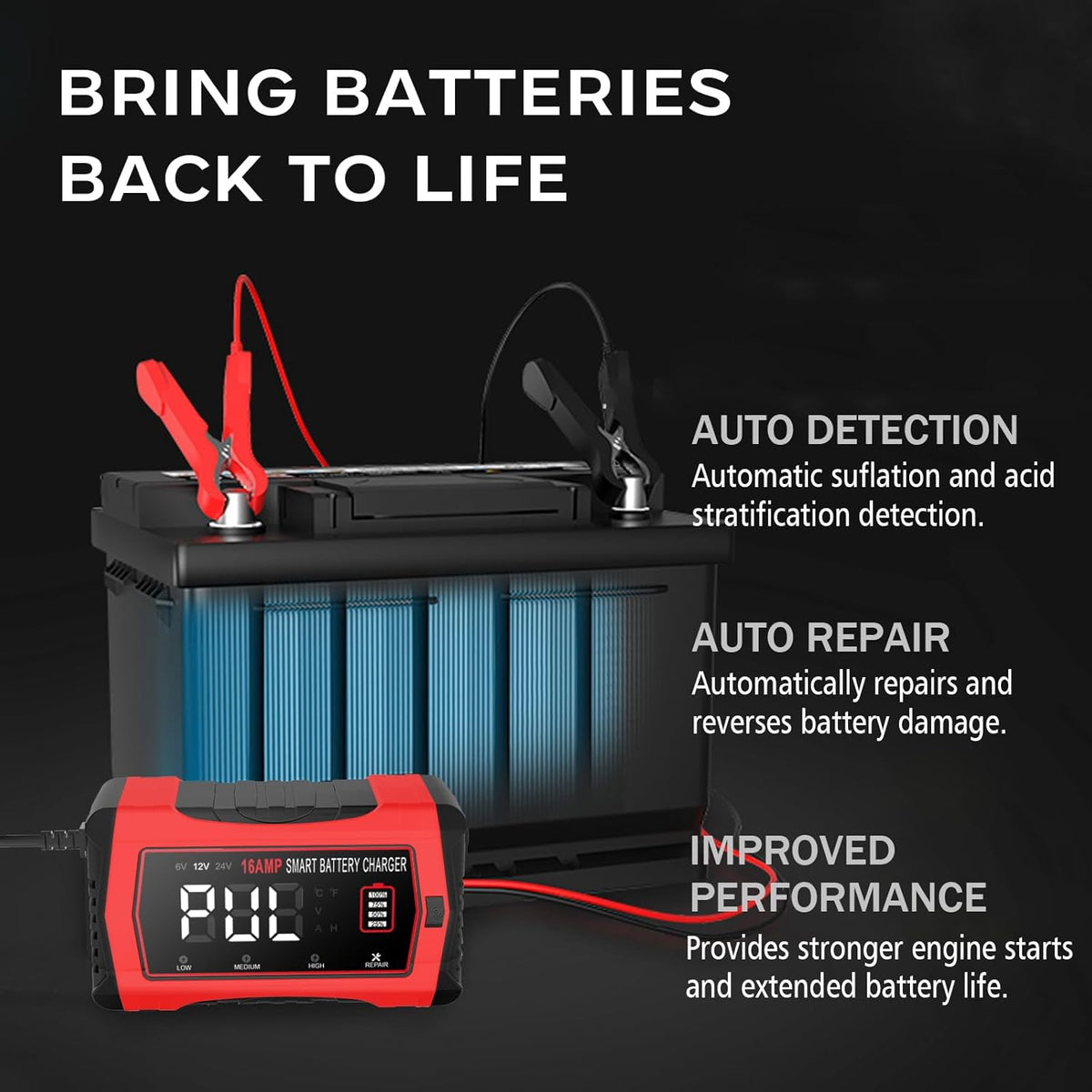 16-Amp 24V/12V/6V Portable Car Battery Charger,Smart LiFePO4 Lithium Lead-Acid Battery Charger,Trickle Charger,Maintainer w/Temperature Compensation for Motorcycles Boats ATVs Lawn Mowers