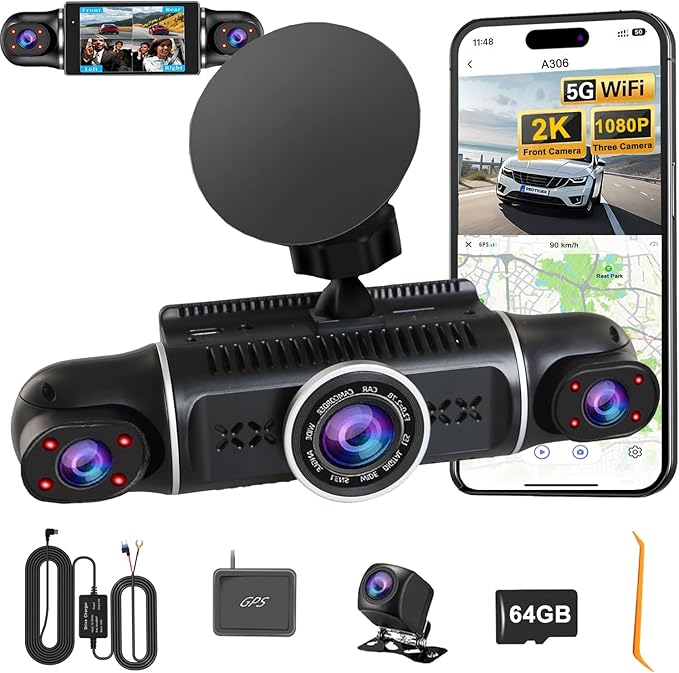4 Channel Dash Cam Front and Rear Inside Back 360° FHD 2K Dash Camera for Cars, WiFi, GPS, G-Sensor, WDR 24/7 Parking Mode, 170° Wide Angle, Loop Recording, Night Vision, APP, with 64GB Card