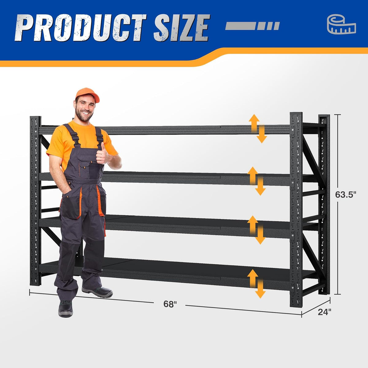68" W Storage Shelves 8000lbs Garage Metal Shelving Heavy Duty Garage Shelves Adjustable Storage Shelves for Industrial, Factory, (68" W X 24" D X 63.5" H)