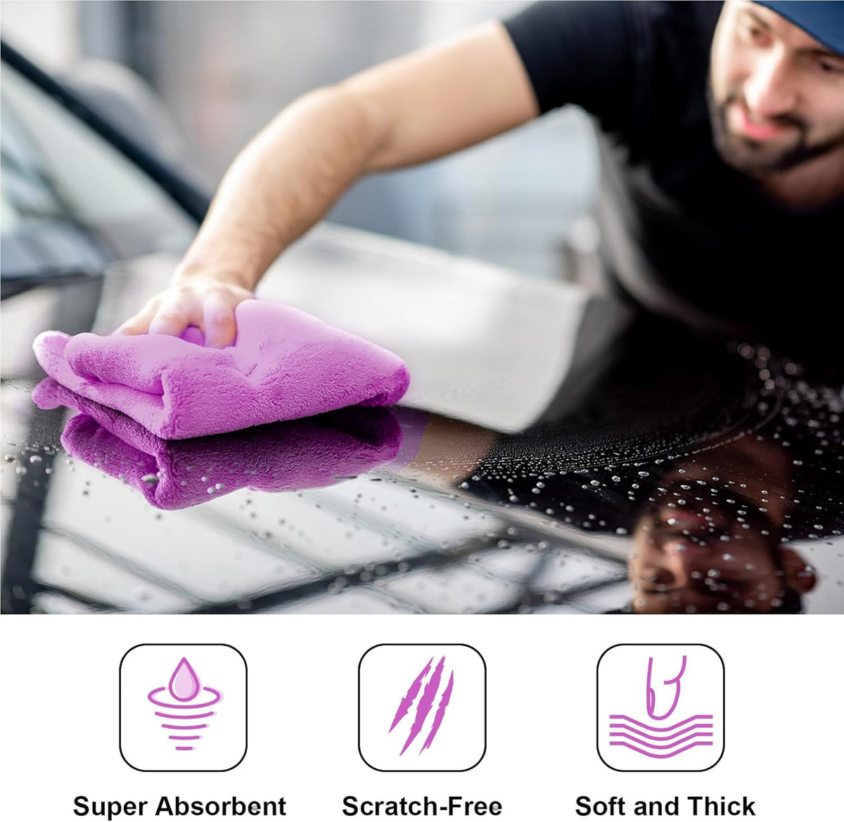 Shimeyao 30 Pcs Edgeless Microfiber Plush Towels for Cars Detailing Drying Wash Polishing Absorbent Cleaning Cloths, 500 GSM, 16 x 16 Inch(Purple)