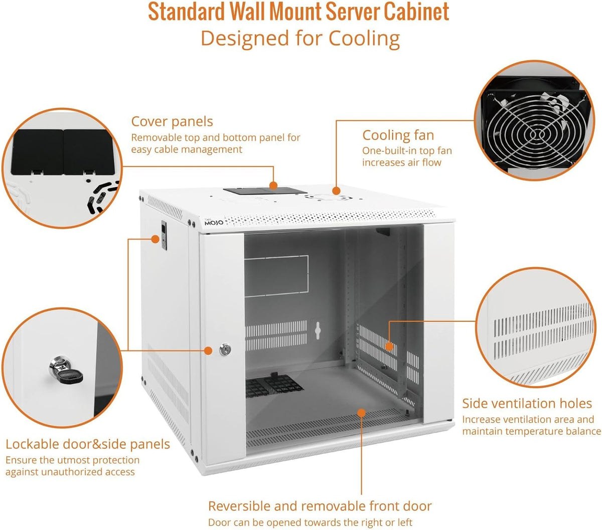 Tecmojo 9U Wall Mount Rack Network Cabinet for 19" IT Equipment,with Lockable Glass Door and Side Panels,Cooling Fan,17.7inch Depth,White,Computer/Electronics Equipment Data Rack