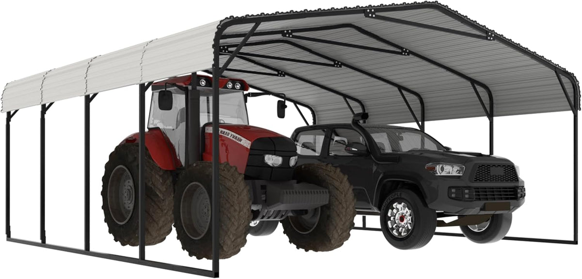 20x20 FT Carport with Metal Roof, Heavy Duty Metal Carport Canopy, Garage Car Shelter Shade for Outdoor, Car, Truck, Eggshell