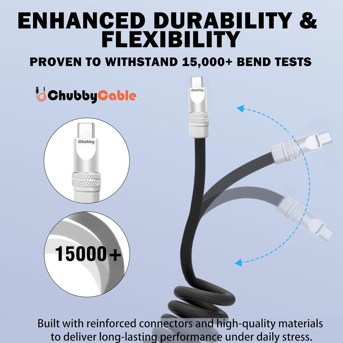 chubbycable Curly Chubby - Retractable Fast Charging Cable 240W Coiled Charger Cord for Car Durable USB-C Cable for Phones, Tablets and More, Gray, Type-C to Type-C, 1.3FT-2.3FT