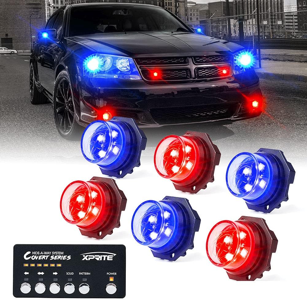 Xprite Red Blue LED Hideaway Strobe Police Lights Kit, 20 Flashing Patterns w/Control Panel for Headlights Taillights Hazard Warning Mounting, for Emergency Vehicles Volunteer Cop Cars Trucks 6PCS