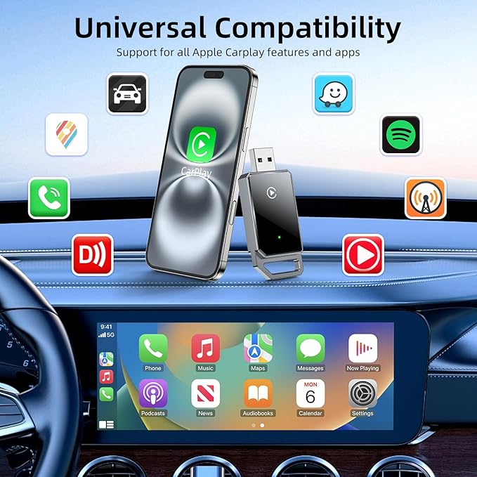 Wireless Carplay Adapter for iPhone, Converts Wired to Wireless Bluetooth, Plug and Play&No Delay, Mini Carplay with USB & USB C, Compatible with iPhone 6 or above/iOS10+ & Cars from 2016, Dark Gray
