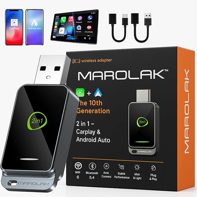 2-in-1 Wireless CarPlay & Android Auto Adapter (2026 Upgraded WiFi 6-BT 5.4) Wired to Wireless Converter | Multi-User Seamless Connection | Easy Setup-Plug & Play | Auto Reconnect | Cars from 2015+