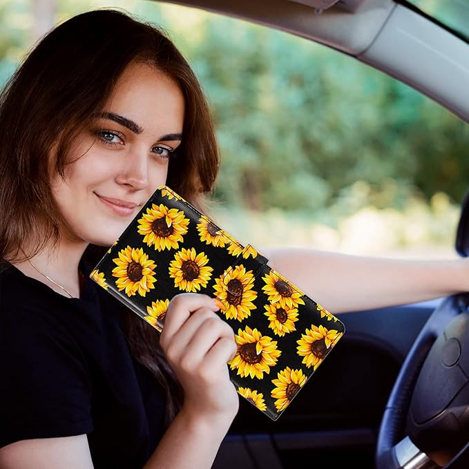 RSAquar Car Registration & Insurance Holder - Leather Glove Box Organizer, Cool Accessories for ID, Driver's License Cards & Essential Documents, Men & Women, Sunflower