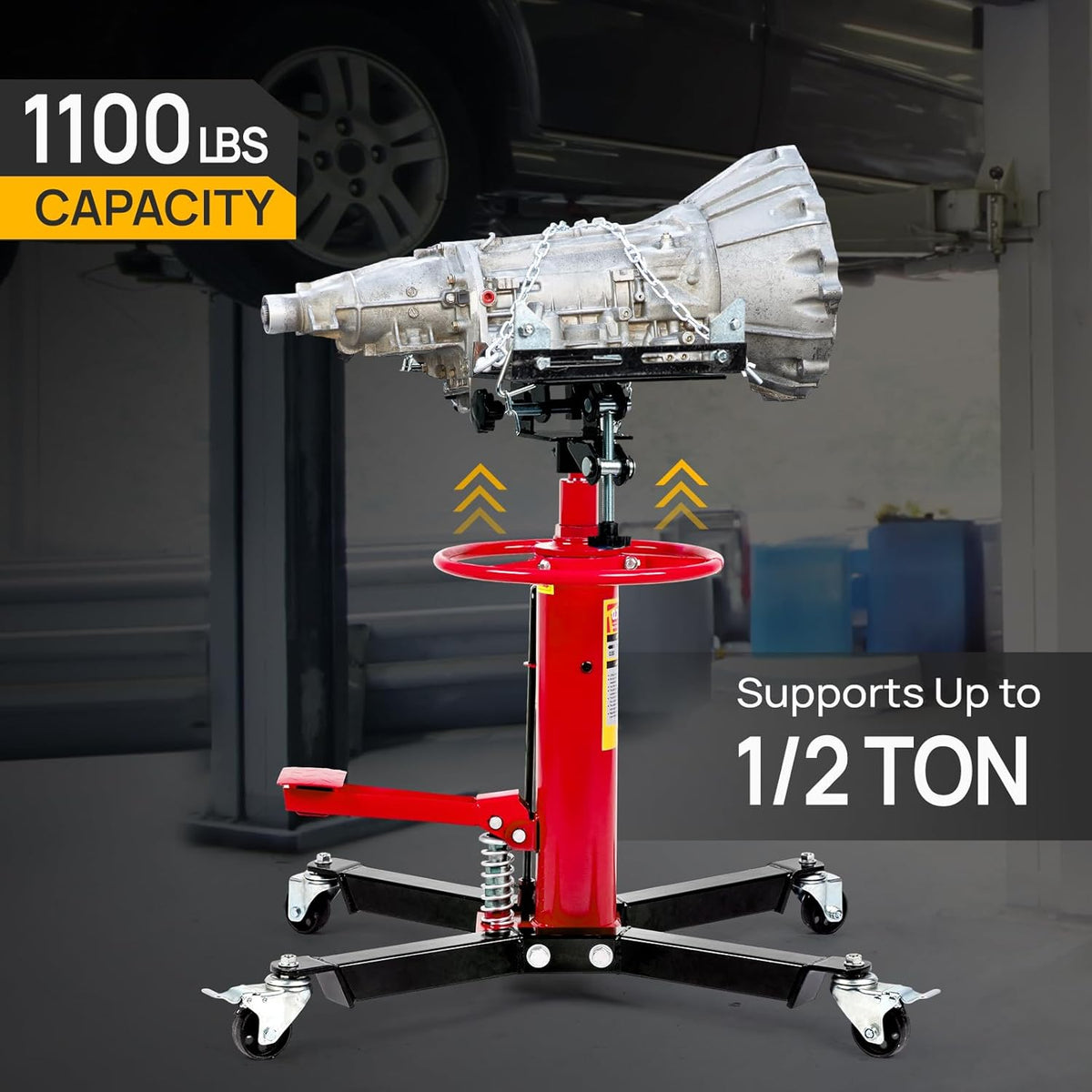 TUFFIOM Transmission Jack, 1100 lbs 1/2Ton Hydraulic 2-Stage High Lift Vertical Telescoping Floor Jack Stand, 34" to 68" Lifting Range, w/Pedal, 360° Swivel Wheels, Garage/Shop Lift Hoist, Red