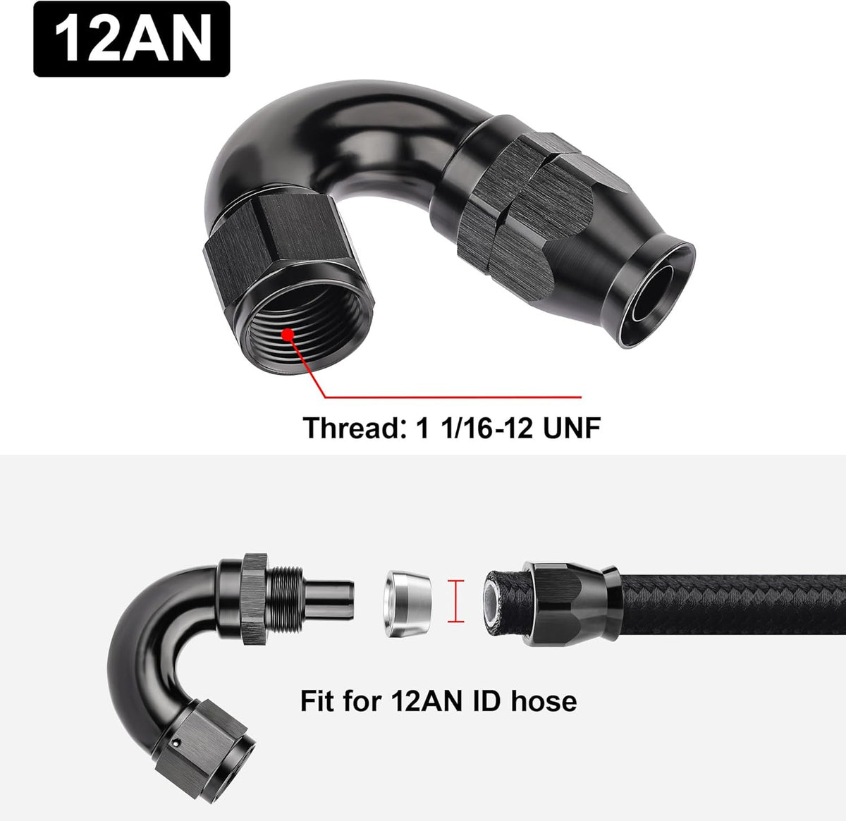 EVIL ENERGY 12AN 150 Degree PTFE One Piece Full Flow End Hose Fitting Aluminum Black