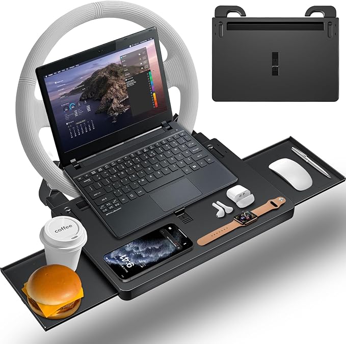 Steering Wheel Tray, Car Food Tray, Car Desk for Laptop, Multipurpose Car Table for Eating & Work, Adjustable Car Tray with Drawer and Anti-Slip Protective Adhesive
