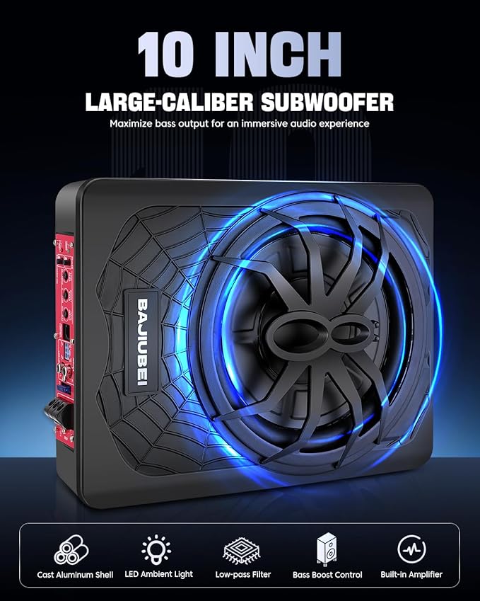 10" 1200W Slim Under Seat Powered Car Subwoofer Hideaway Subwoofer with Complete Mounting Wire Kit, Car Truck Audio Subwoofer Built in Amplifier Sub Amp Combo, with Blue LED Ambient Light