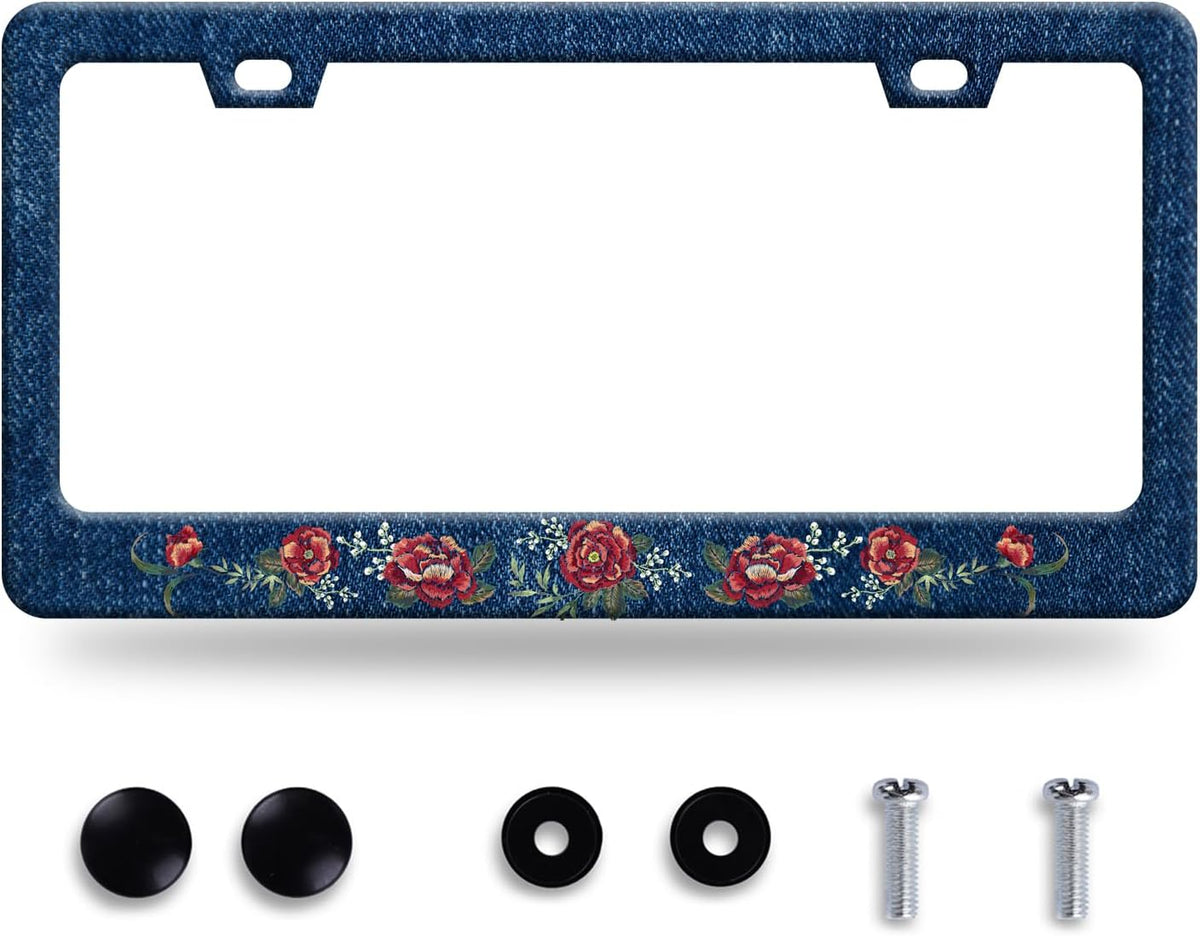 Flower Blue Jean Design License Plate Frame Personalized License Plate Stainless Steel Parts Funny License Plate Decorative with Screws Size 12.3" x 6.3" Men Women