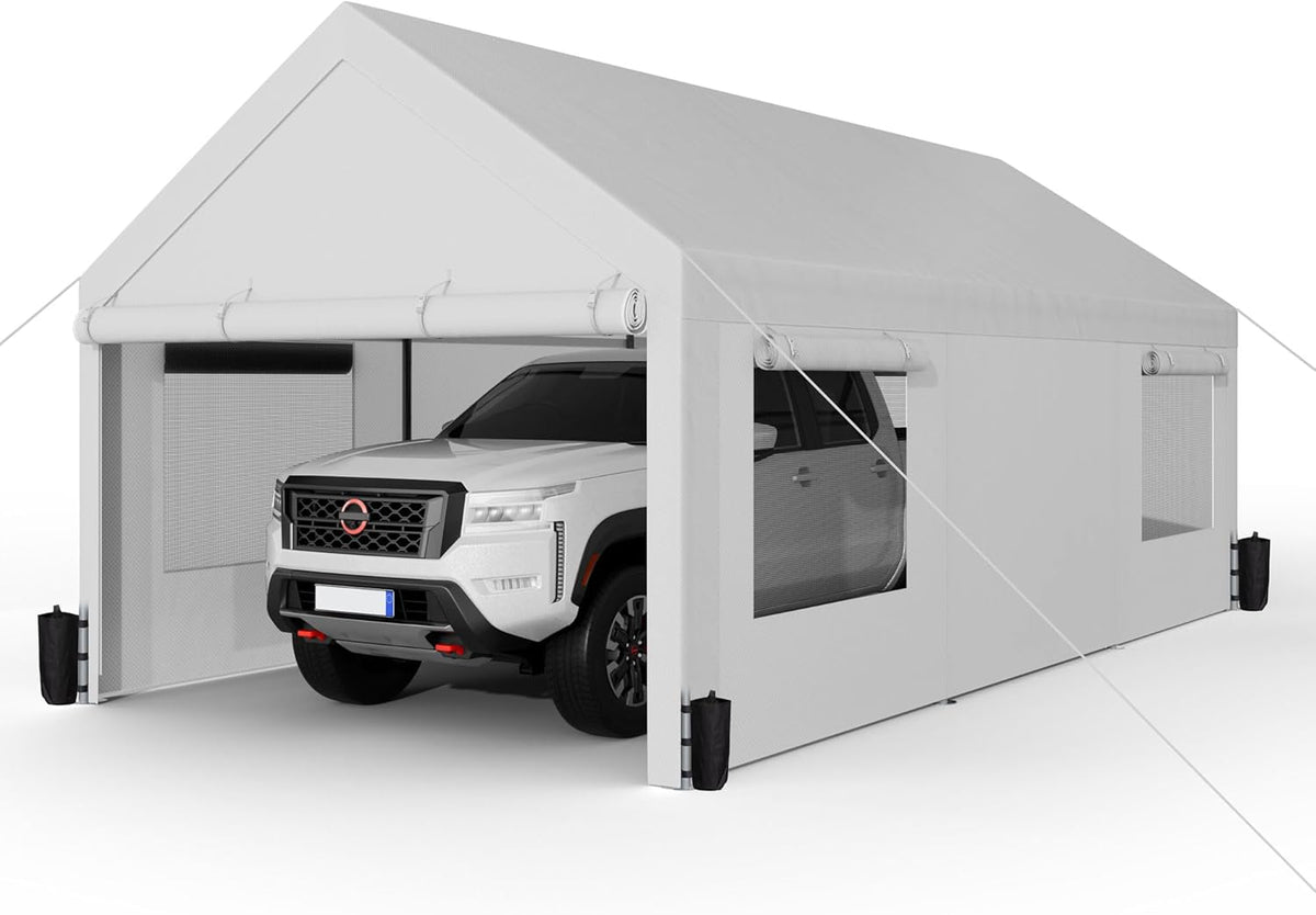 Shintenchi Carport 10' x 20' Heavy Duty Portable Garage, Car Port Canopy with Side-Opening Removable Door & Roll-Up Windows, Car Canopy for Truck,Car,Boat,Motorcycle,White