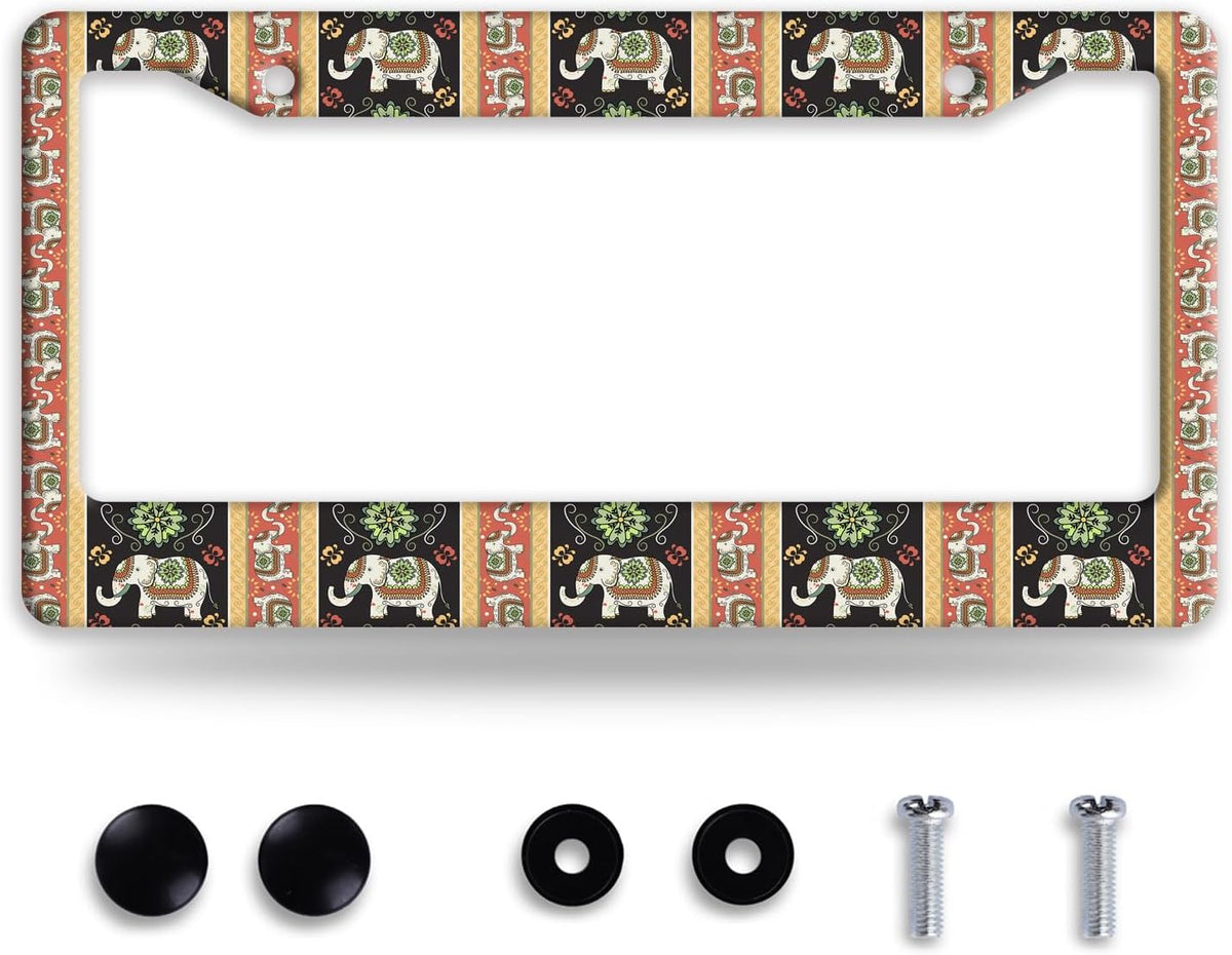 Tribal Elephant License Plate Frame Boho Animal License Plate Frames Funny Auto Accessories Bracket Stainless Steel License Plate Holder 6x12 Inch