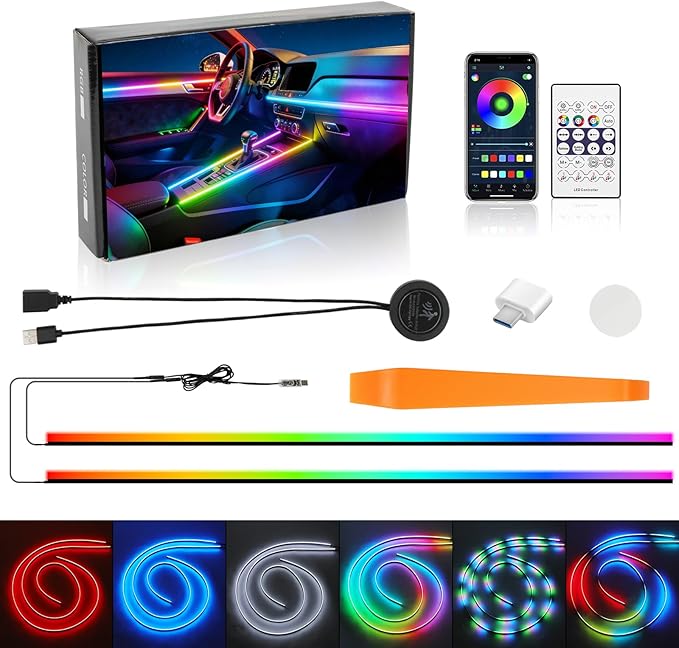 Interior Car LED Strip Lights, Acrylic LEDs Lights for Car with Dynamic Dreamcolor Chasing, Ambient Lighting Kits Music Sync Wireless APP and RF Remote Control (55.12inch*2)
