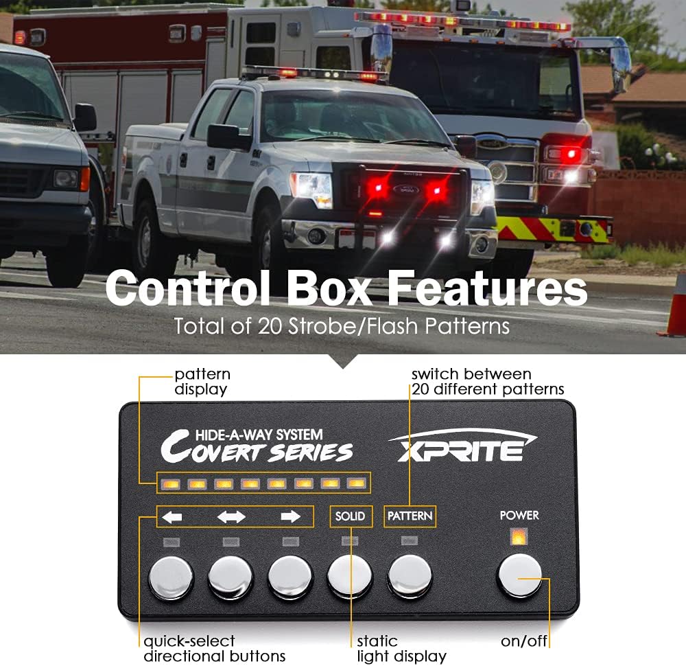 Xprite White Red LED Hideaway Strobe Lights Kit, 20 Flashing Patterns w/Control Panel Headlights Taillights Fog Light Interior Mounting, for Emergency Vehicles Firefighter Cars Trucks SUV 8PCS
