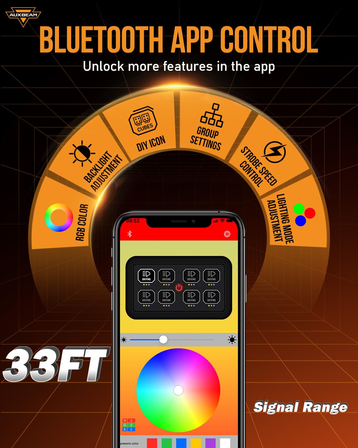 Auxbeam 8 Gang Switch Panel AC-800 Bluetooth RGB Switch Pod with Remote Control Backlit Off Toggle Momentary Pulsed 165FT Wireless Auxiliary Switch Panel for Truck Offroad Waterproof