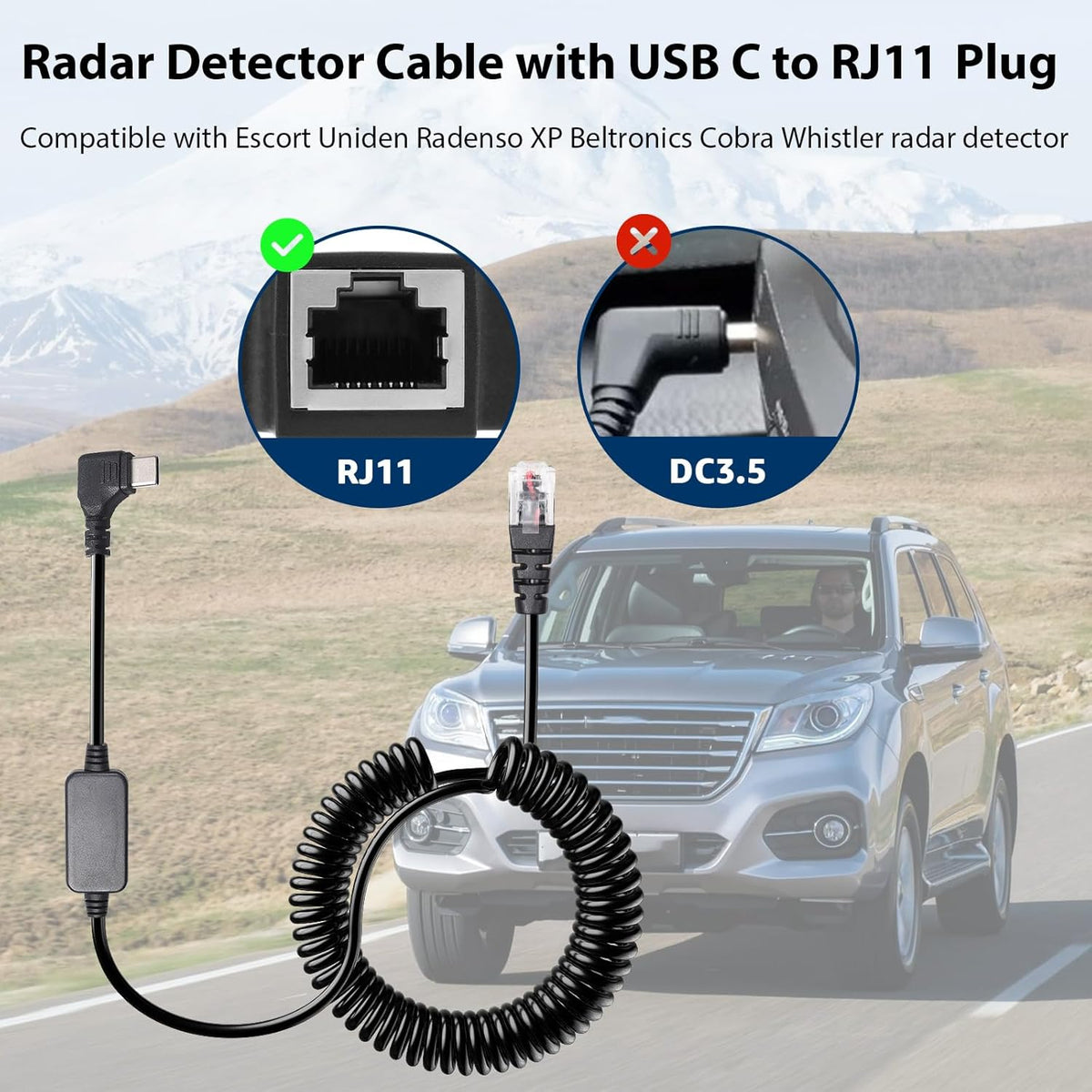 Radar Detector Colied Cord with USB-C to RJ11 Plug Cable 5V-12V Power Cable Compatible with Escort Uniden Radenso XP Beltronics Cobra Whistler 9.8FT Powered for 12V Radar Detectors