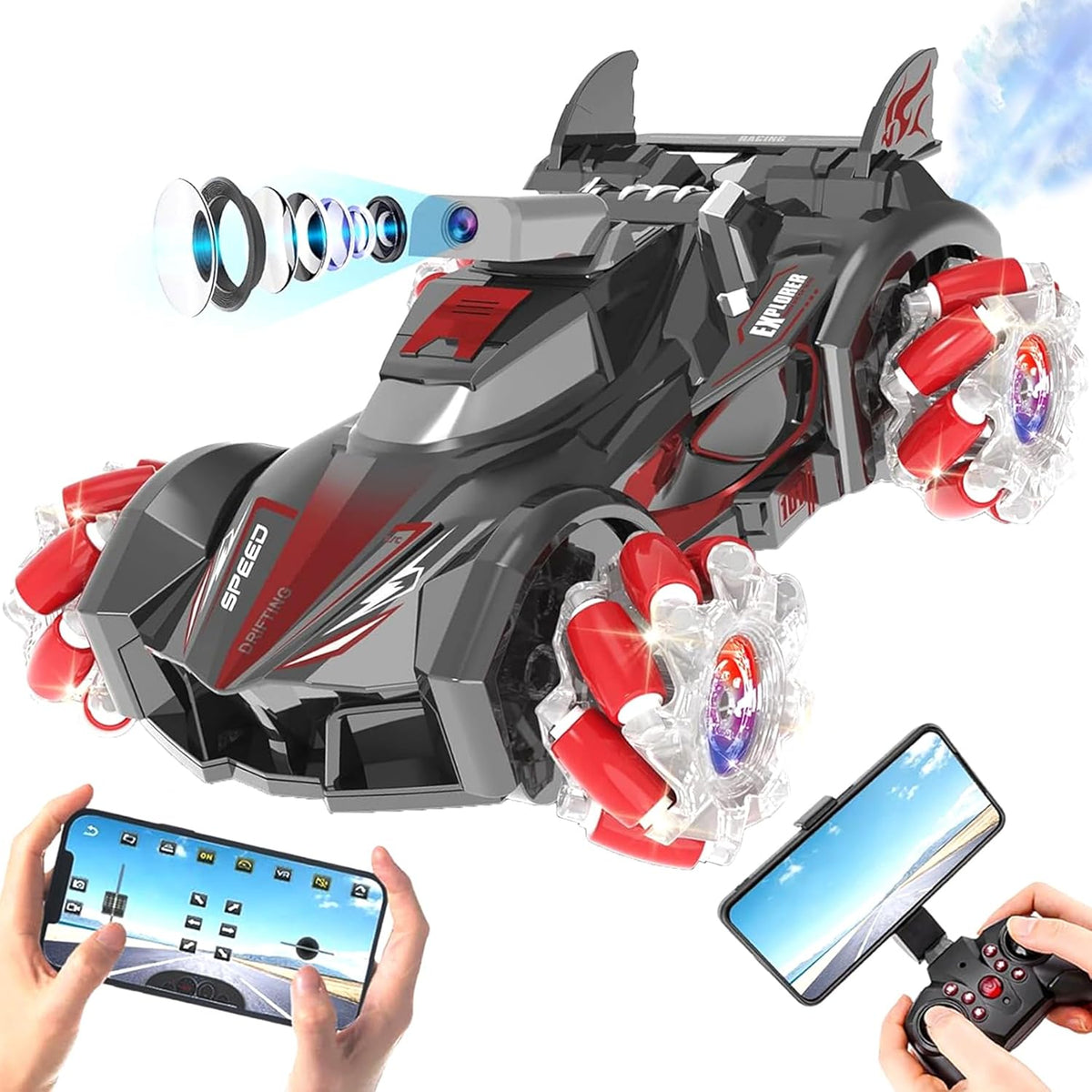 Yasola RC Car with Camera for Kids, Remote Control 360° Rotating High Speed Stunt Vehicle Toy for Boys and Girls, Rechargeable Racing Drift Cars with Flashing Lights and Dynamic Sound for Adults