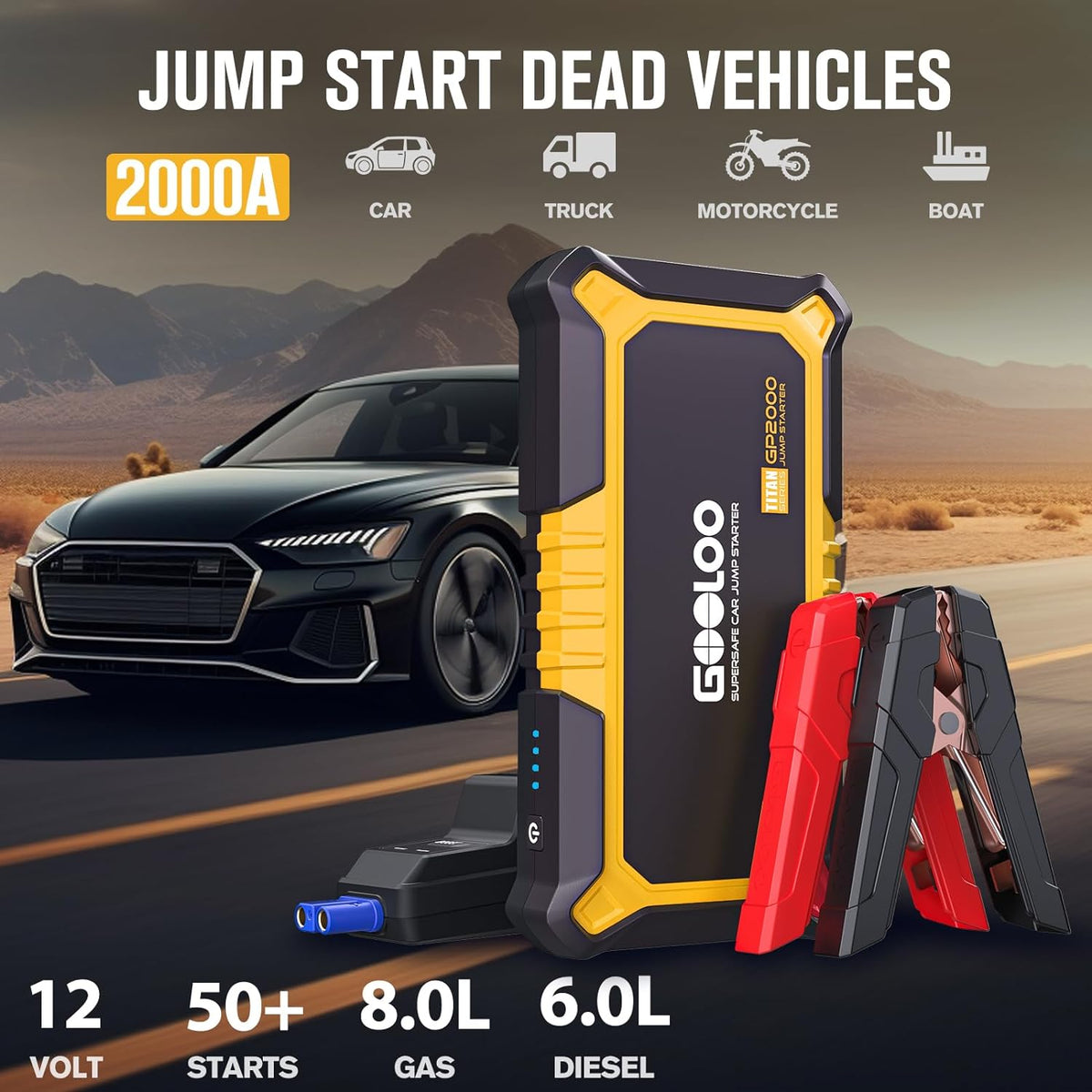 GOOLOO New GP2000 Jump Starter 2000A Car Starter Battery Pack (Up to 8.0L Gas, 6.0L Diesel Engine),12V Car Battery Charger Jumper Starter, Supersafe Portable Lithium Jump Box with USB Quick Charge