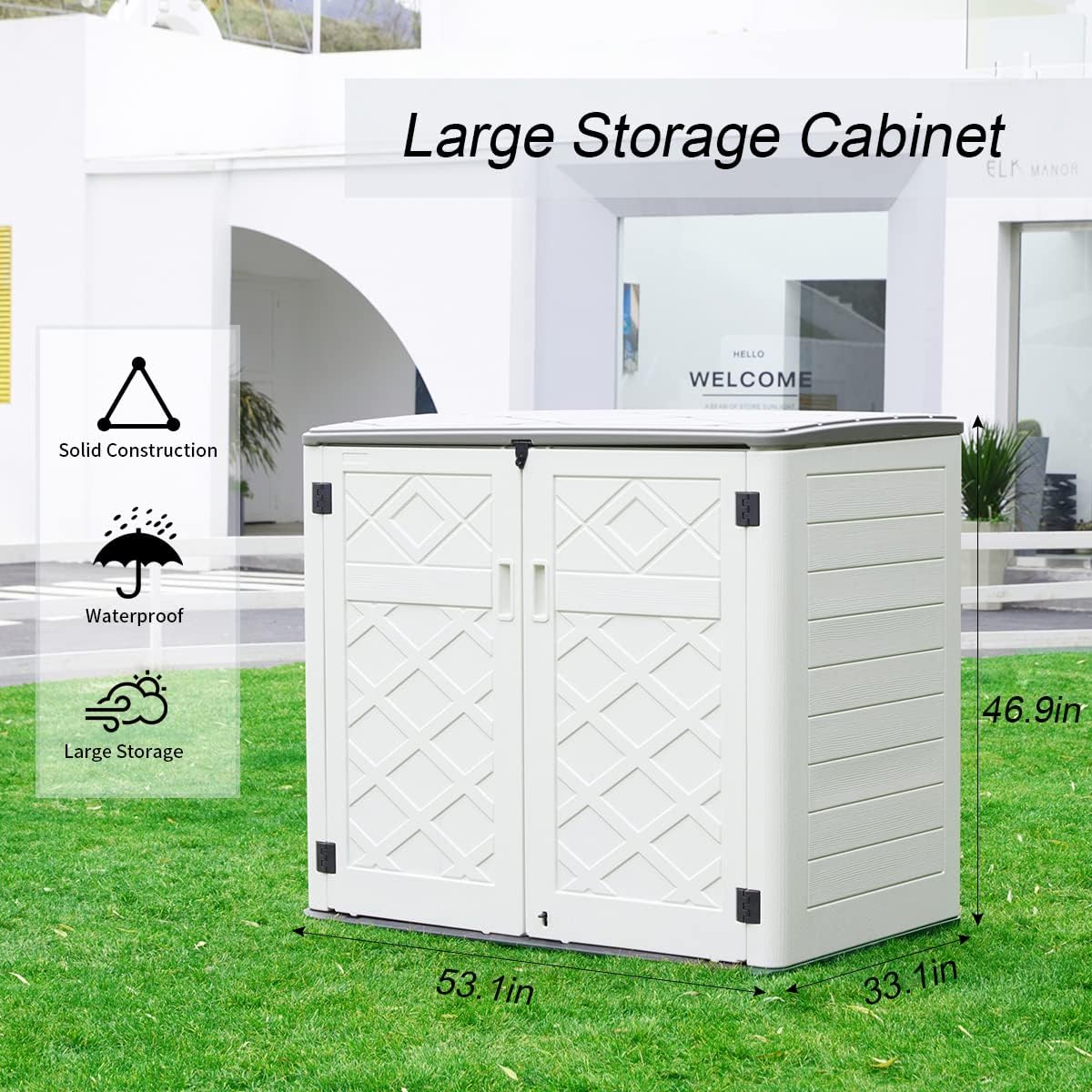 Large Horizontal Storage Sheds,38 cu.ft. Outdoor Storage Box for Garden,Patio and Backyard,Customized Shelves &Lockable(Off White)