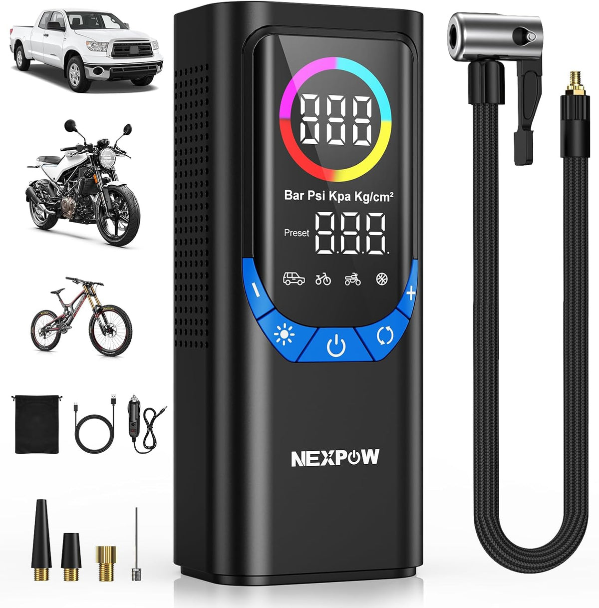 NEXPOW NP17 Portable Air Compressor, 150 PSI Digital Tire Inflator, Fast Inflation with Auto Shut-Off, LED Light, Multiple Nozzles for Car, Bike, and Ball, Compact Design, Blue