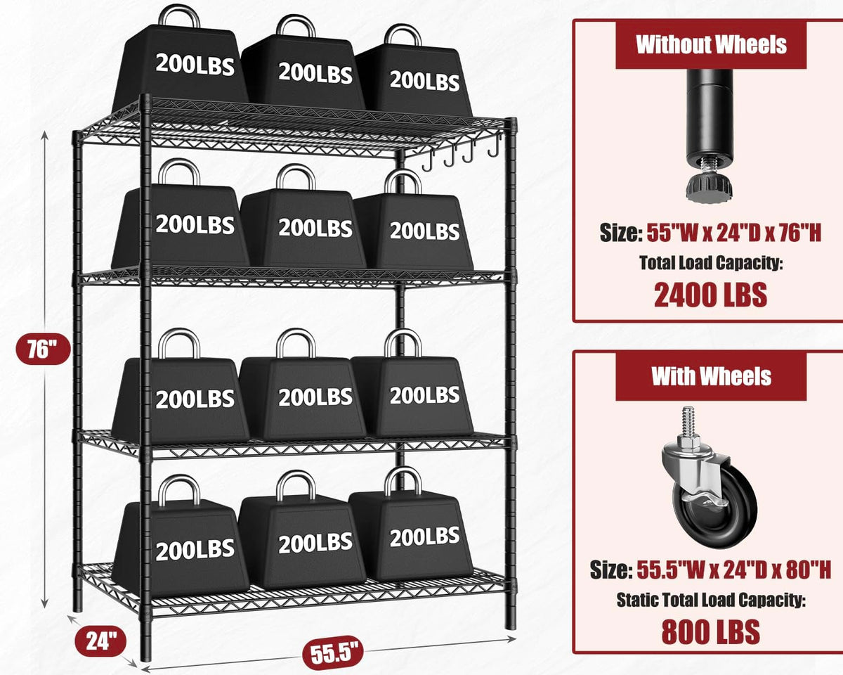 PrimeZone 4 Packs 55.5" W x 24" D x 80" H Heavy Duty Wire Storage Shelves with Wheels, 4 Tier Adjustable NSF Certified Garage Shelving Unit, Rolling Metal Organizer Shelf Rack for Warehouse, Pantry