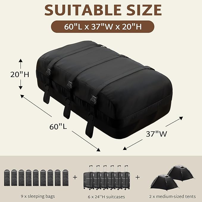 iBirdie Roof Rack Cargo Carrier 25.5 Cubic Feet, XL Soft-Shell Rooftop Cargo Box, Waterproof Heavy Duty 1200D for Car with/Without Roof Rack, Includes Anti-Slip Mat, Door Hooks, 60x37x20 inches