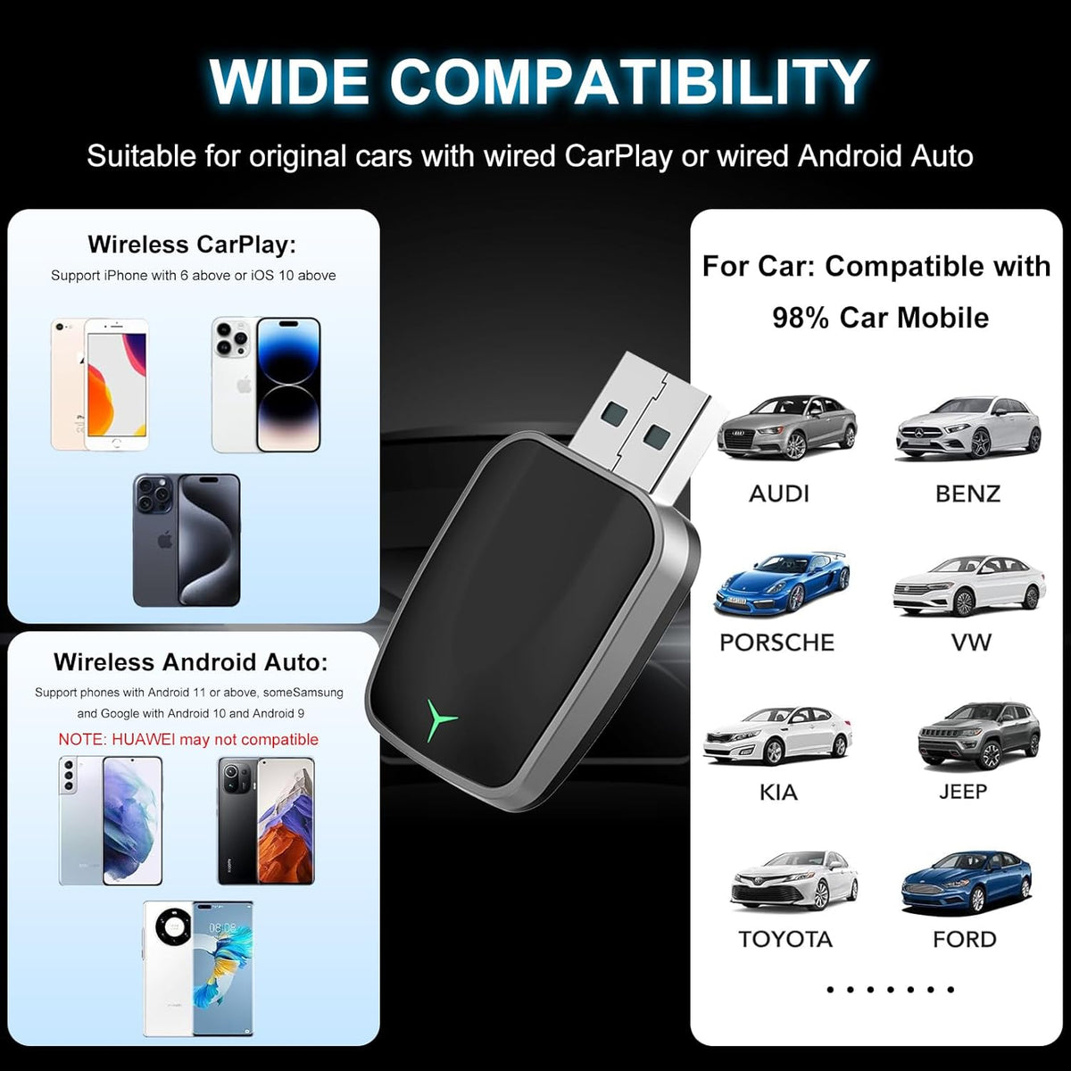 Mini Wireless CarPlay & Android Auto Adapter – Plug & Play Dongle, Convert Wired to Wireless, USB-A/C, Compatible with 2016+ Cars & iPhone iOS 10+/Android Devices