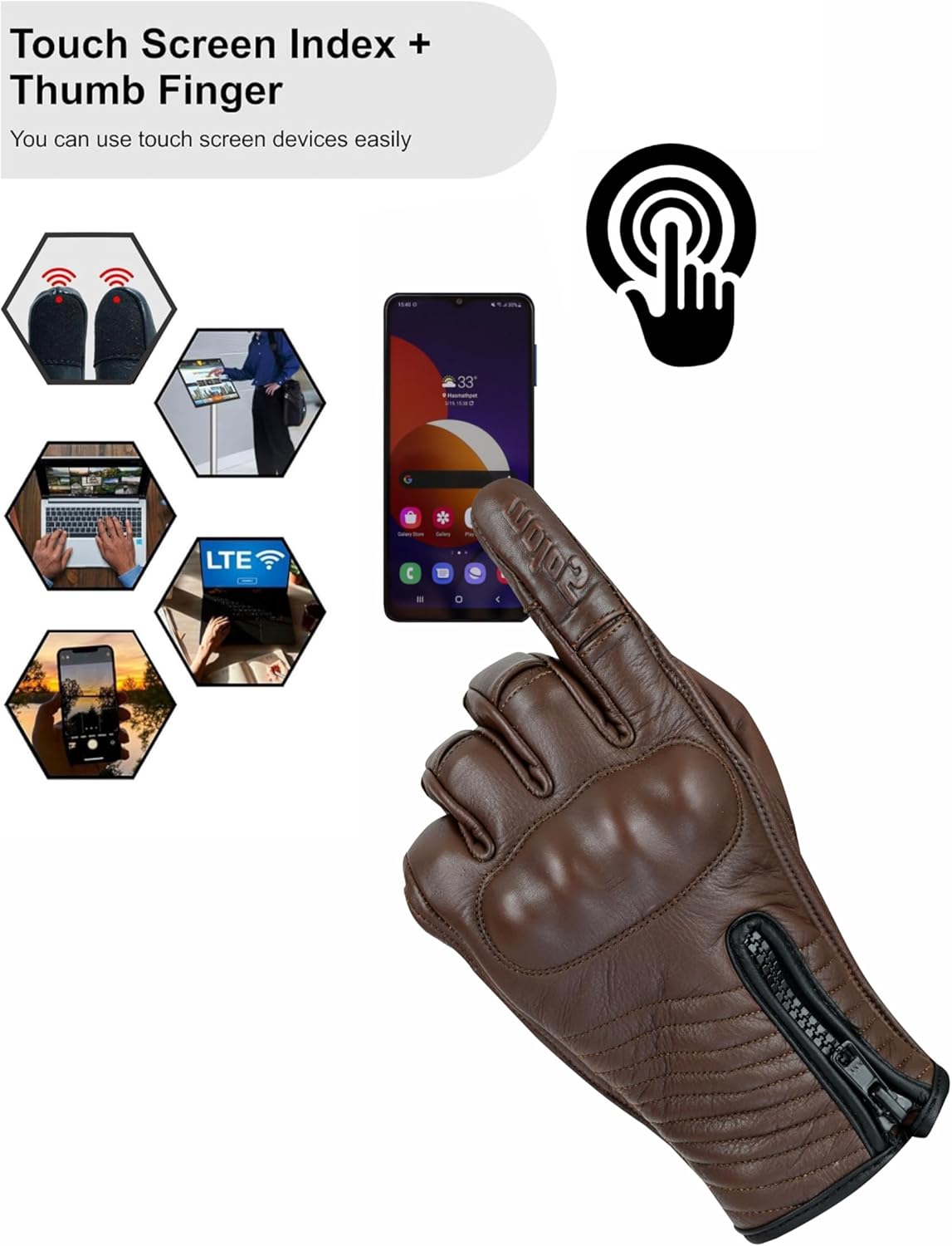 Full Finger Leather Motorcycle Gloves for Men & Women Touch Screen Gloves Premium Street Motorcycle Durable Protective Cruiser Biker Gel Leather Motorbike Gloves
