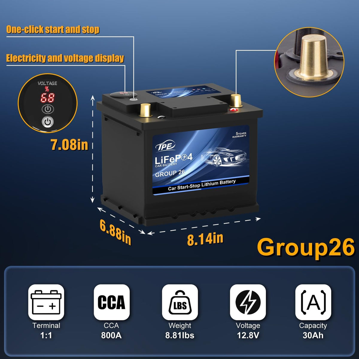 TPE Car Start Stop System BCI Group26 LiFePO4 Lithium-ion Battery 12.8V 800A Lightweight High Performance Battery Battery Level Display Left Negative Right Positive