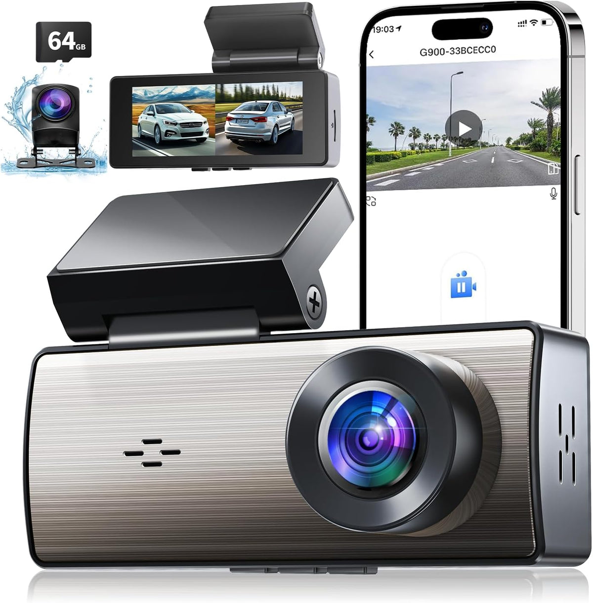 4K+2K Dash Cam Front and Rear,Dash Camera for Cars,Built-in 64G Card,5G WiFi APP Control,HDR Night Vision,24H Parking Mode,Loop Recording,Support 512GB Max(4k+2k)
