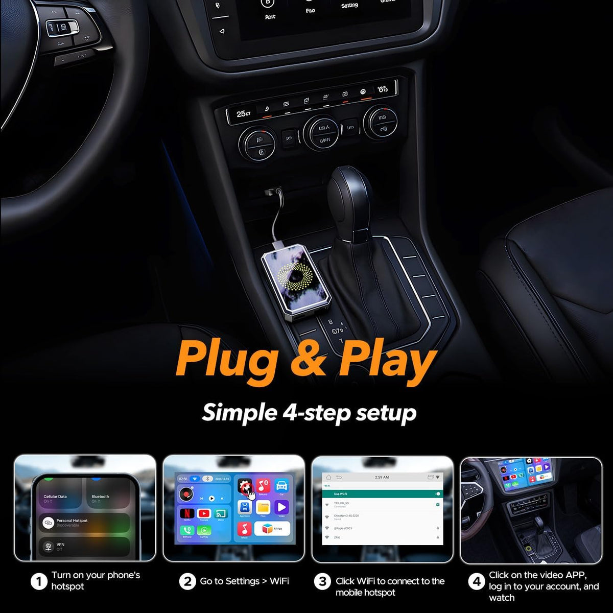 Volam 3-in-1 Wireless CarPlay Adapter Magic AI Video Box for iPhone with Netflix YouTube Plug and Play for Factory OEM Wired Car Play Cars & iOS 10+