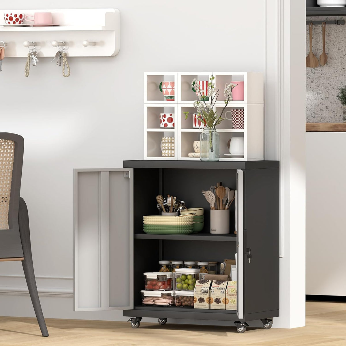 GREATMEET Garage Cabinets with Wheels,Small Storage Cabinet with Doors and Adjustable Shelves，Locking Metal Garage Storage Cabinets for Home Office Utility Room