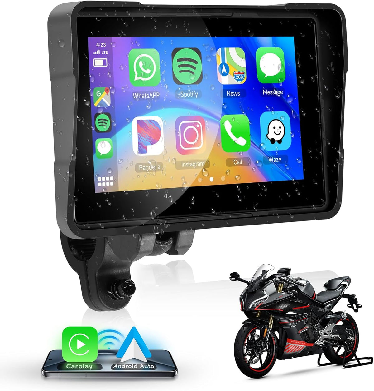 HD IPS Touch Screen Portable Wireless Apple Carplay Screen for Motorcycle &Wireless Android Auto GPS Navigation for Motorcycle,Car Play,Dual Bluetooth Waterproof,Siri Voice Control 5Inch for Motorbike