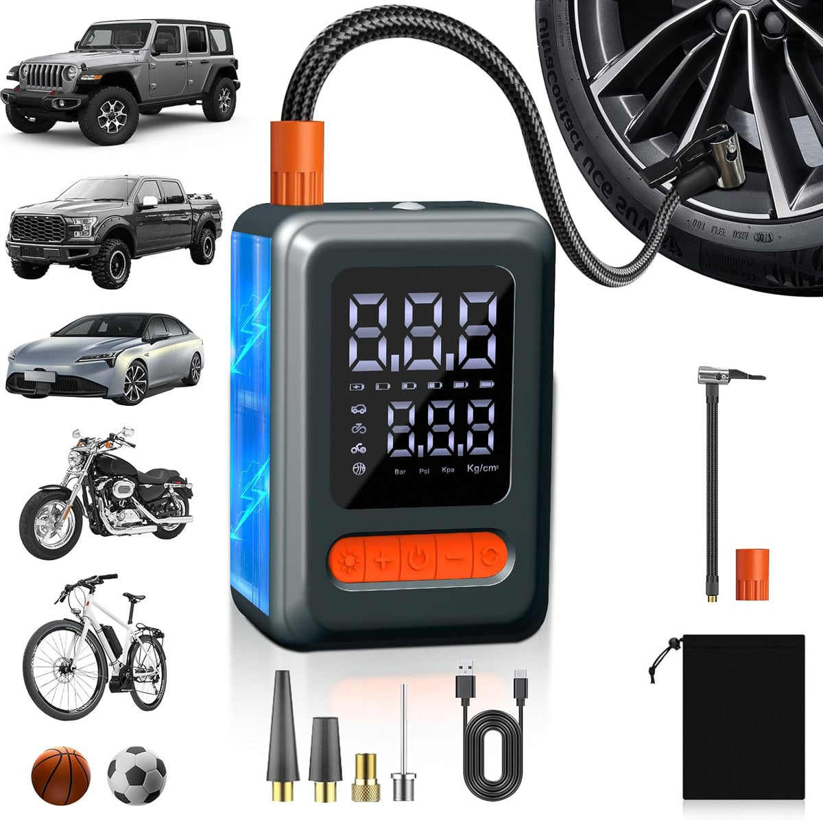 Tire Inflator Portable Air Compressor, 150 PSI Cordless Mini Bike Tire Pump, Air Pump for Auto, Motorcycle, Bicycle, Balls with Pressure Gauge&LED Light, Grey, Medium