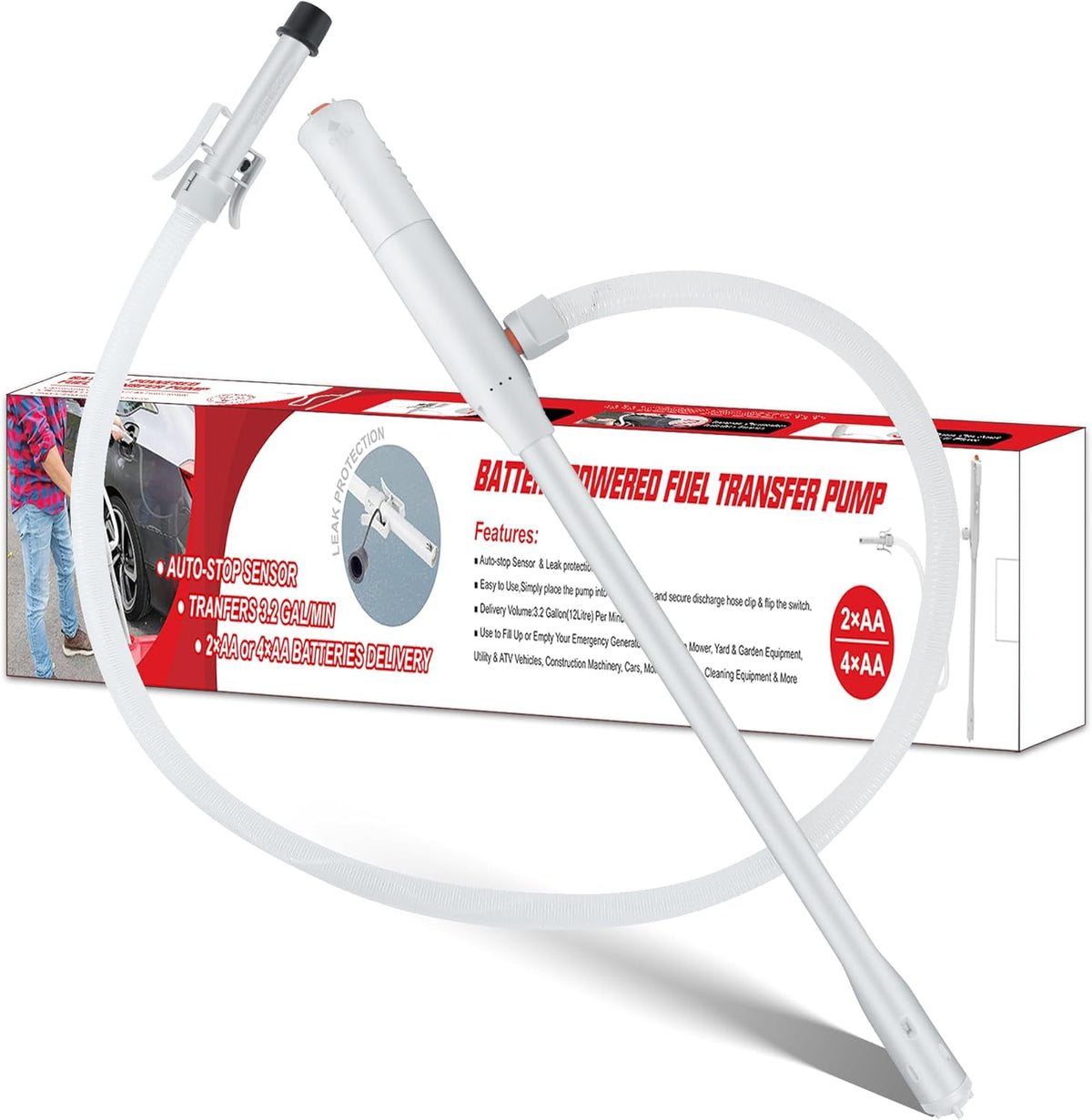 Battery Powered Stick Fuel Transfer Pump, 3.2 GPM, 51 Inch Transfer Length, Self-Hooking, For Transferring Gasoline, Kerosene, Diesel, and Non-Potable Water, Battery Powered Sump Pumps