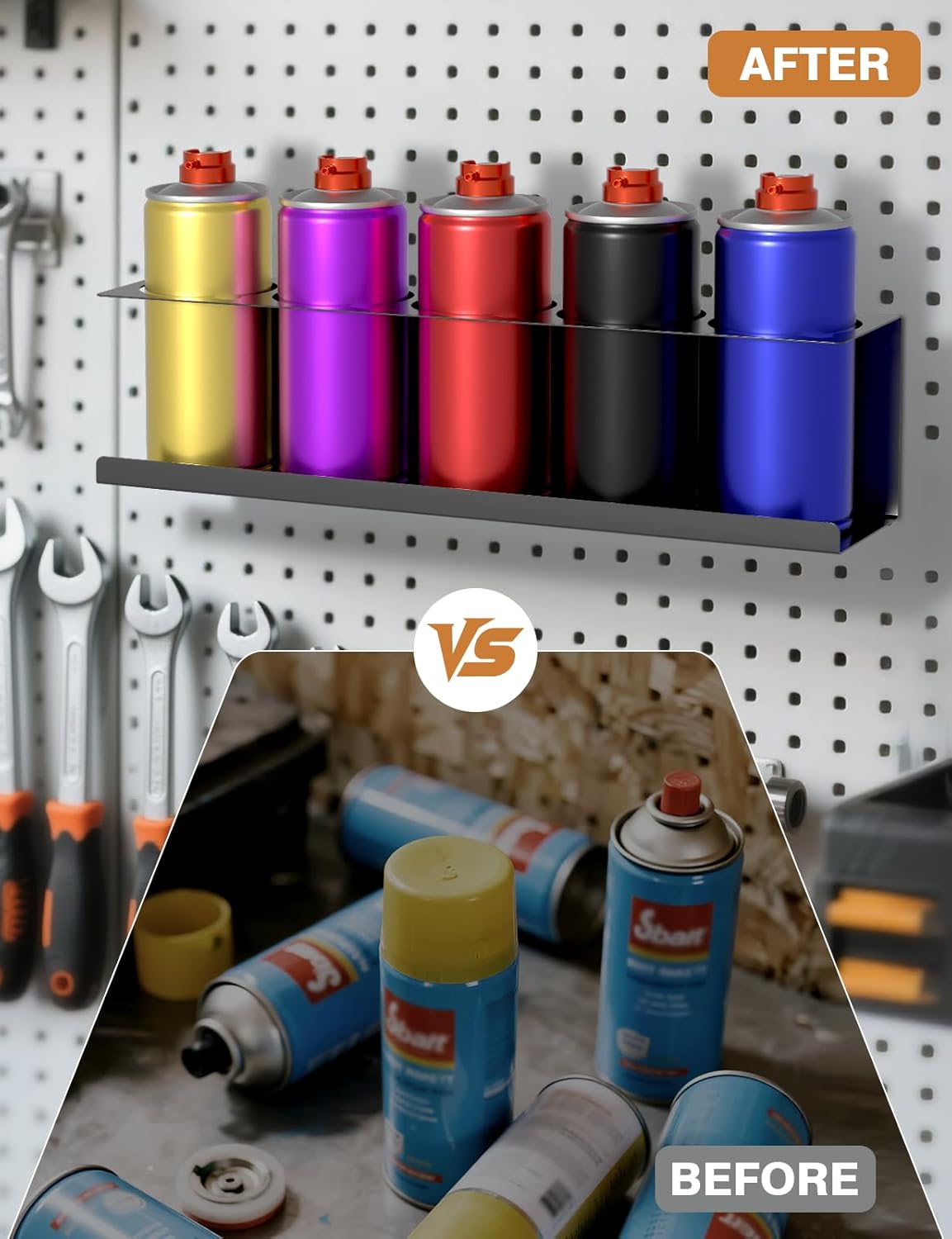 4 Pack Spray Can Holder Organizer, Wall-Mounted Steel Spray Bottle Rack, Tool Box Storage Rack, 5 Cans Metal Paint Can Organizer for Garage, Workspace, Shop, Home or Tool Trailer, Black