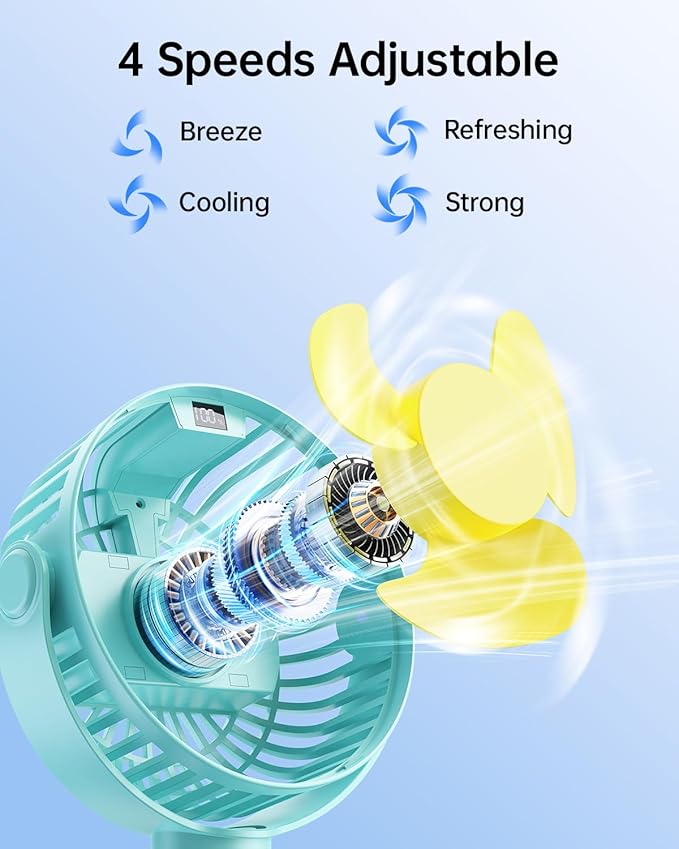 SWEETFULL Portable Stroller Fan with Display 4000mAh Battery Powered Mini Clip On Fan, 4-Speed Rechargeable Small Personal Cooling for Baby Car Seat Crib Travel - Cyan