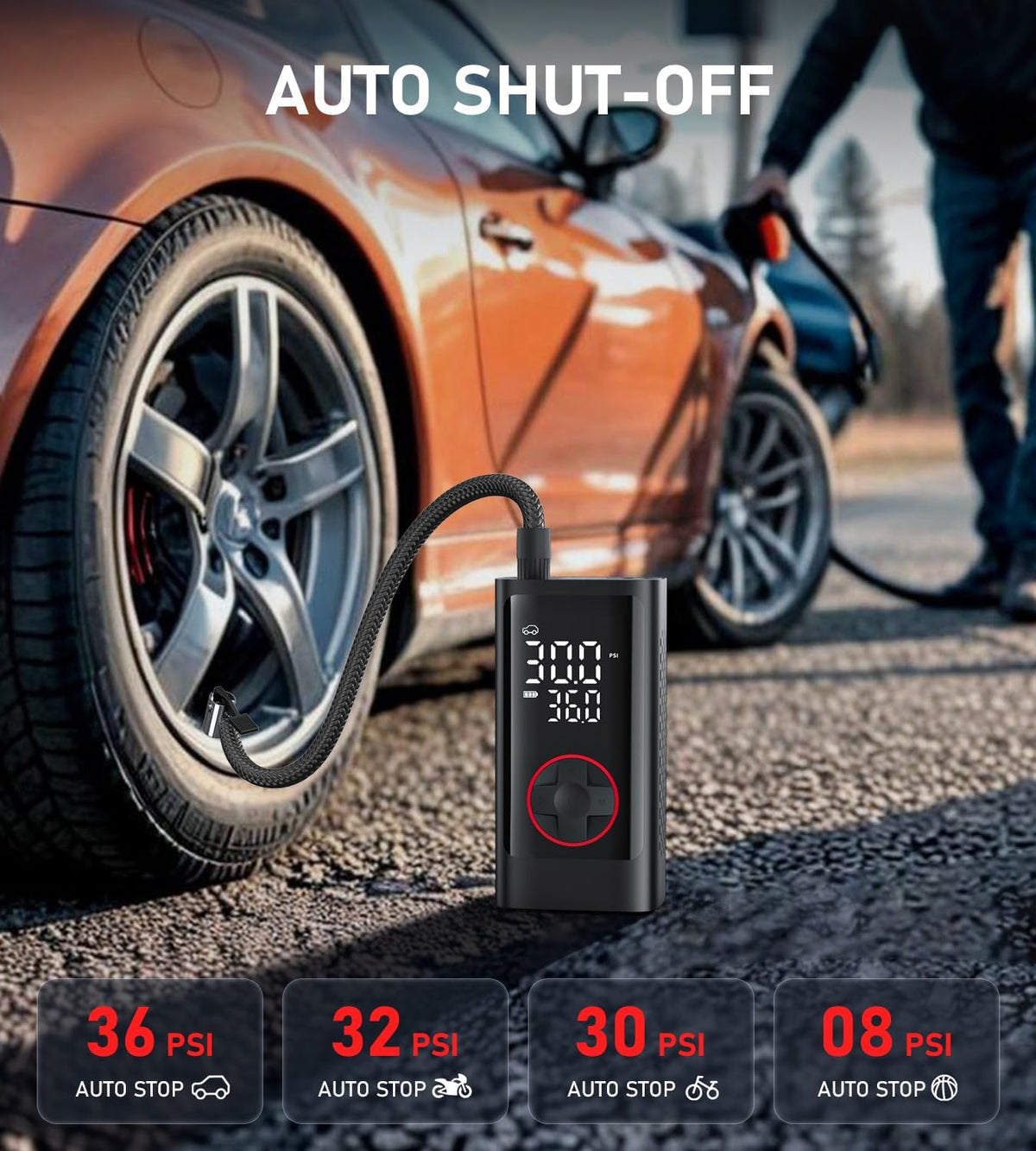 Tire Inflator Portable Air Compressor, 150PSI Cordless Air Pump for Car Tires, Electric Bike Tire Pump with Pressure Gauge, Auto Shut Off, LED Light for Car Motorcycle Bicycle Ball