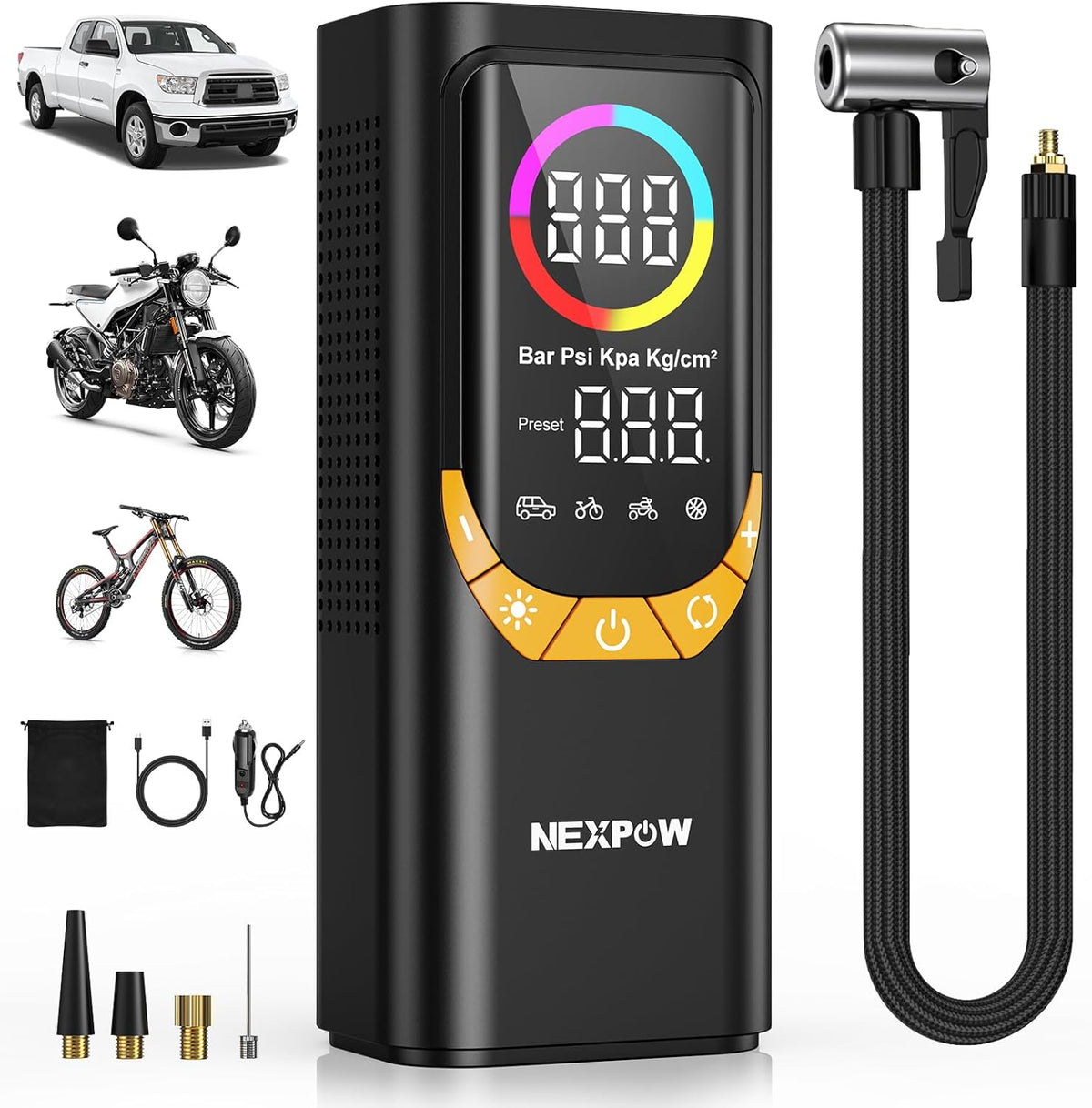 NEXPOW NP17 Portable Air Compressor, 150 PSI Digital Tire Inflator, Fast Inflation with Auto Shut-Off, LED Light, Multiple Nozzles for Car, Bike, and Ball, Compact Design, Yellow