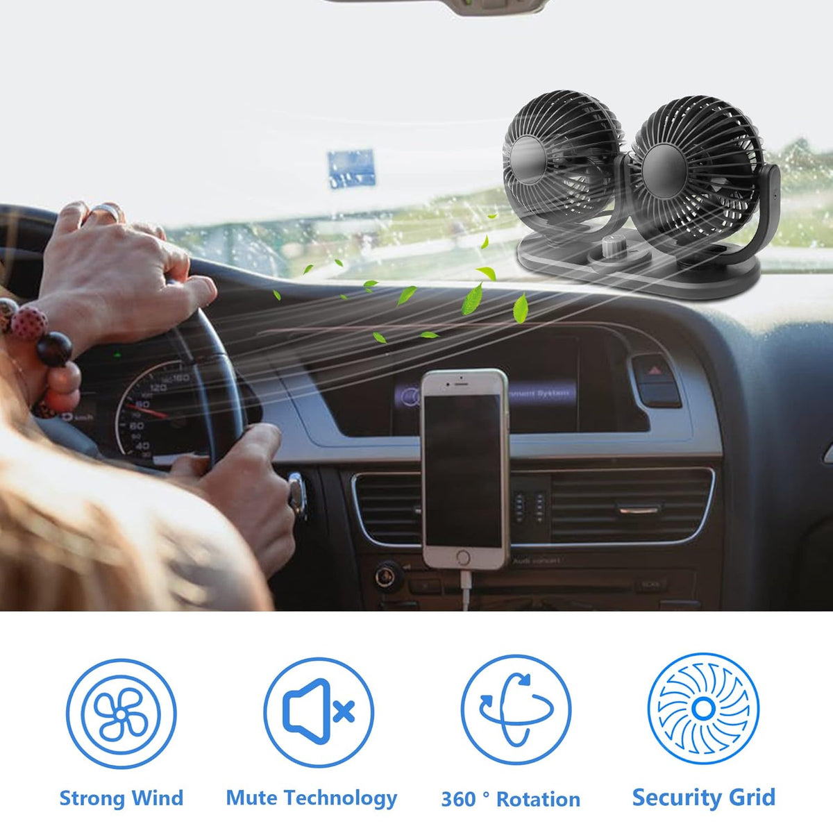 12V Car Fans Cooling Air Fan Powerful Dashboard Electric Dual Car Fan Cigarette Lighter Low Noise 360 Degree Rotatable for Truck Vehicle Boat Van SUV RV
