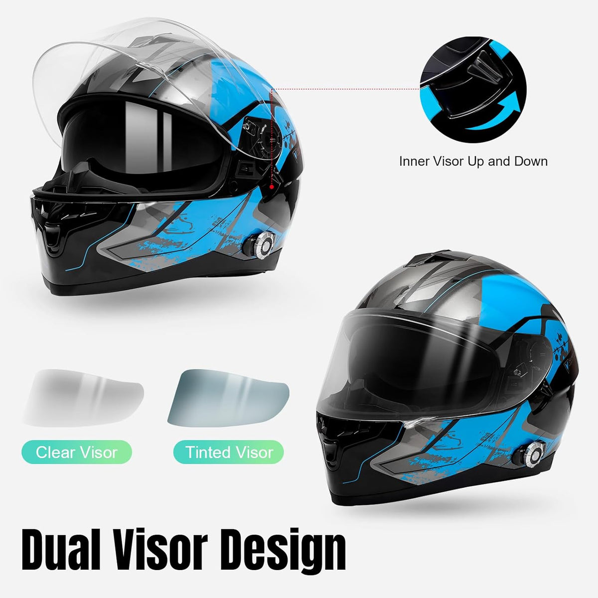 FreedConn BM12 Bluetooth Full Face Motorcycle Helmet with Intercom System Dual Visor Bluetooth 5.0 Motorbike Helmet 2~3 Riders Pair/ 500M/ FM ( Blue & Black, X-Large)