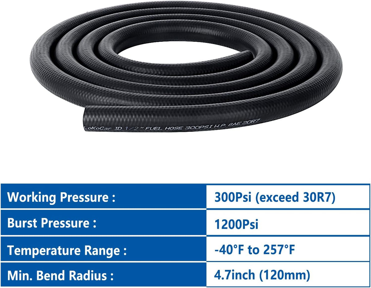 LokoCar Rubber Fuel Hose Line Push Lock 1/2" ID SAE 30R7 NBR 10ft 300PSI Black