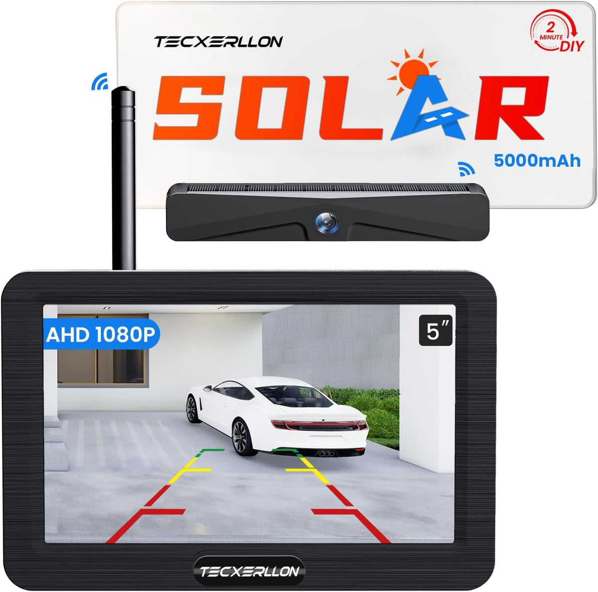Backup Camera, Solar Wireless Backup Camera with 5" 1080P Monitor, Vehicle Backup Cameras with 5000mAh Solar Battery, IP69K Waterproof Rear View Camera for Car, Van, SUV, Truck, Trailer