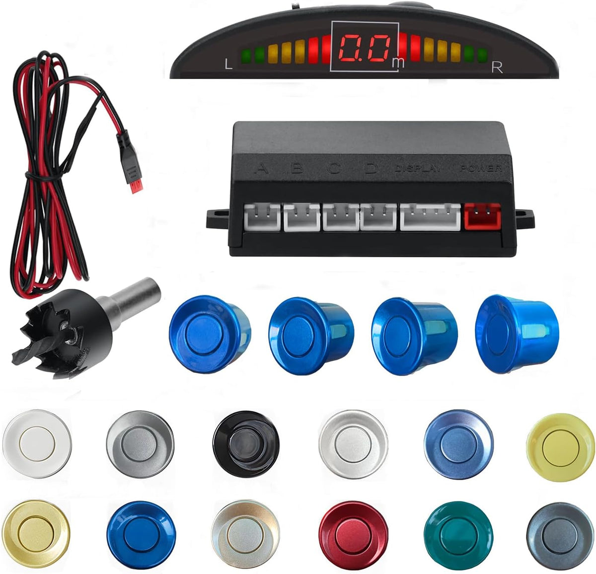 Car Reverse Backup Parking Sensor Radar System, The LED Display with 3 Colors can Both Shows Distance Data and warn You with beep Sound Adjustable Volume Compact and Easy to Install（Blue）